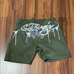 Ed Hardy Men’s (DRAGON TATTO) Fleece Shorts Size Large W/Pockets Olive Green
